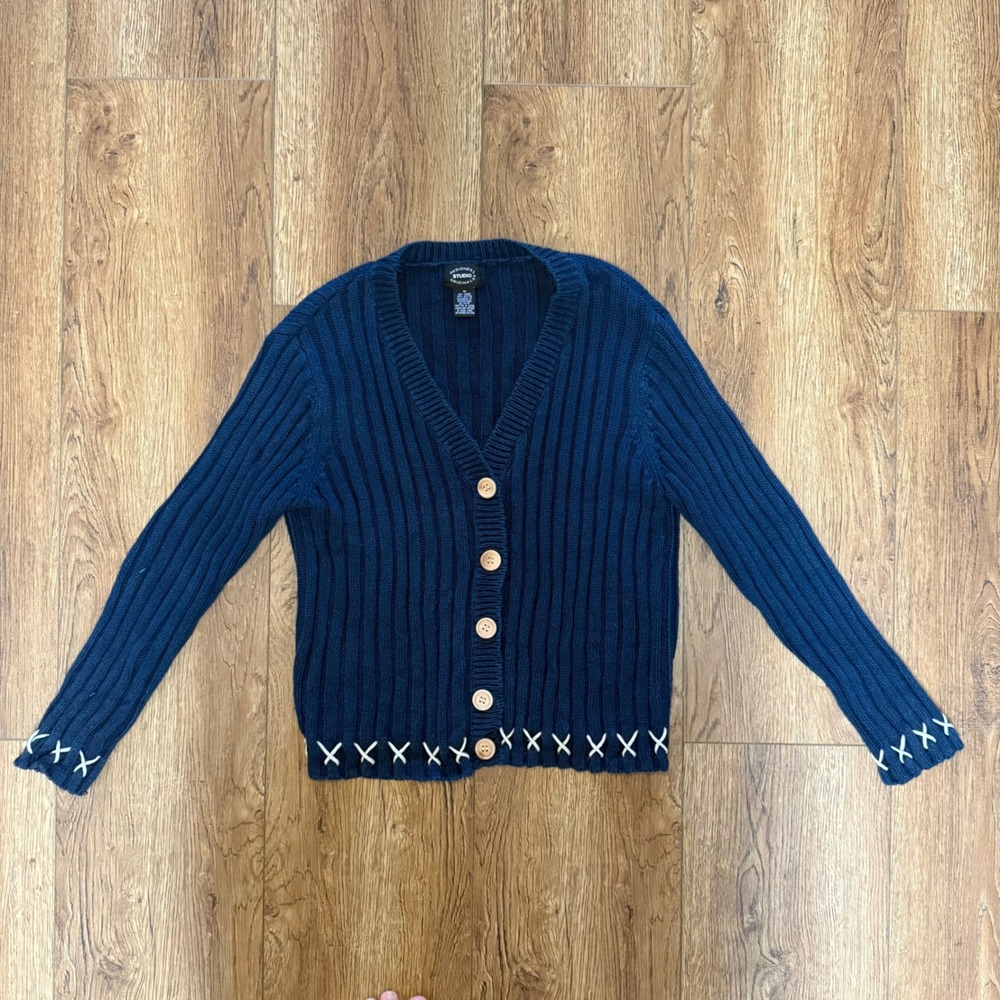 VTG Navy Blue Ribbed Knit‎ Cardigan Whipstitch Trim Womens M Western Boho y2k